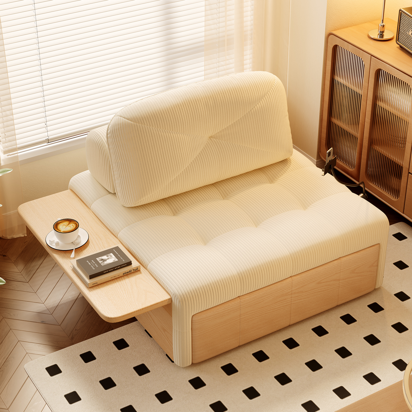 奶油风带手机支架实木沙发床新款