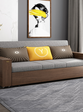 新中式客厅多功能实木沙发床折叠两用双人布艺沙发床扶手可变餐桌