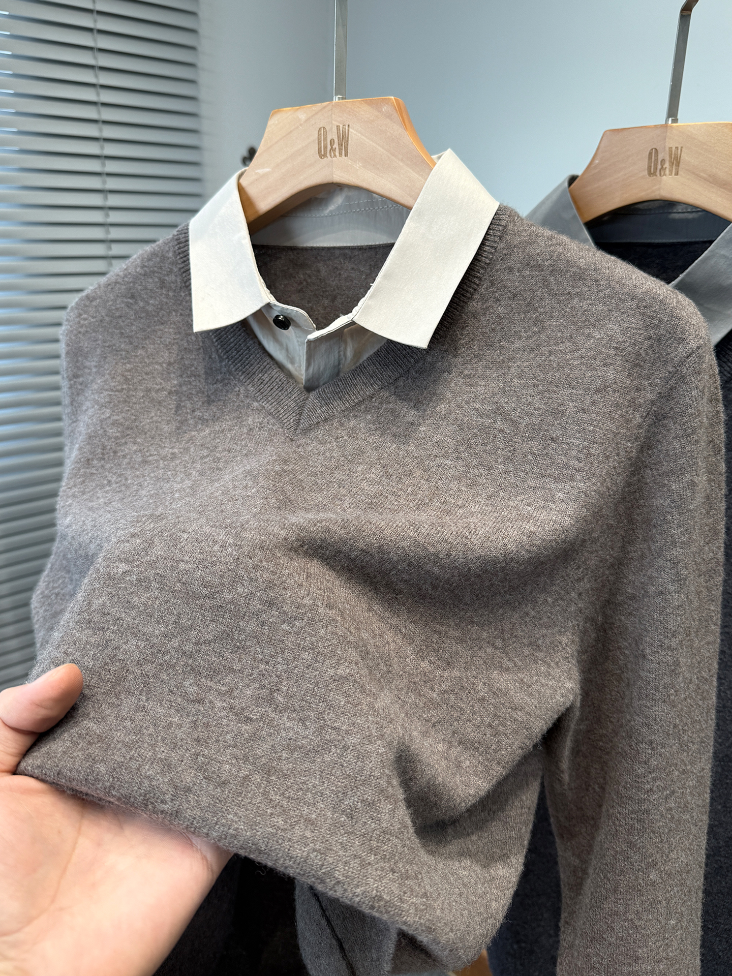 100绵羊毛衫男假两件针织衫秋冬季中年衬衫领毛衣男装套头打底薄