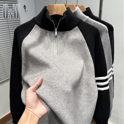 套头半高领拼色插肩袖毛衣