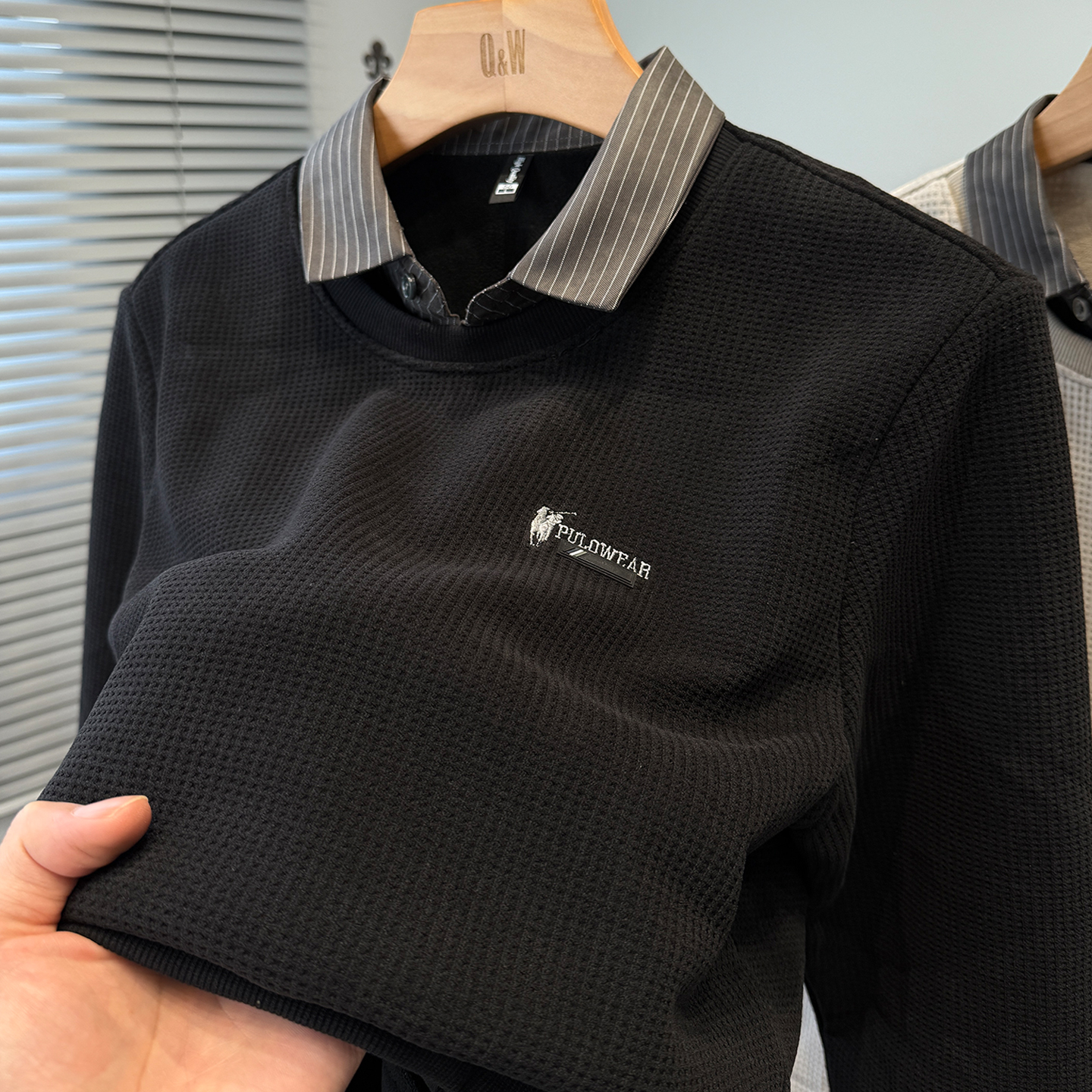 华夫格一体绒加绒加厚衬衫领卫衣