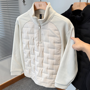 拉链半高领卫衣男款2026新款秋冬季加绒加厚棉服男装拼接上衣套头