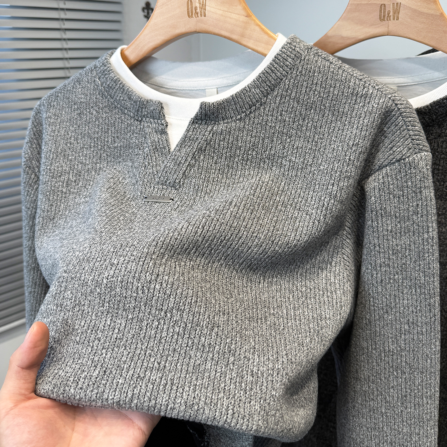 双层领假两件卫衣男加绒加厚