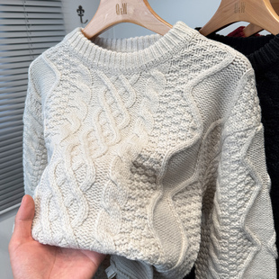 Q&W经典复古麻花毛衣男加厚冬季套头针织衫男装圆领外套粗毛线衣