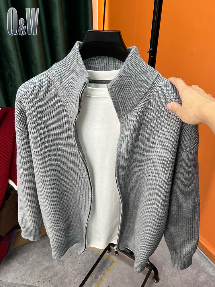 百搭纯色拉链开衫男针织衫秋冬季爆款修身毛衣外套男立领半高外搭
