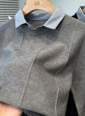 假两件衬衫领毛衣男秋冬季商务休闲中年男士针织衫套头内搭上衣服