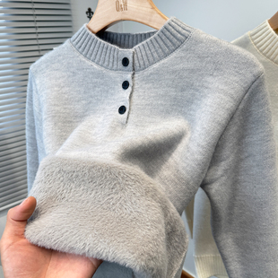 一体绒加绒加厚毛衣男青年冬季休闲门筒亨利领针织打底衫套头内搭