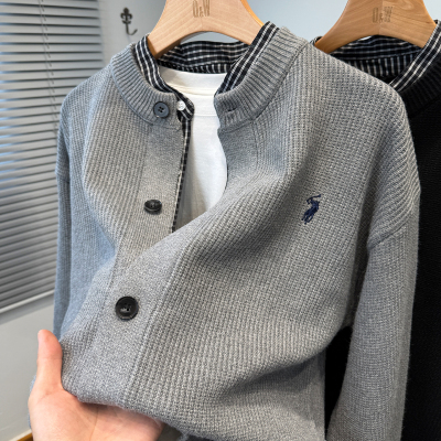 衬衫领假两件针织开衫男