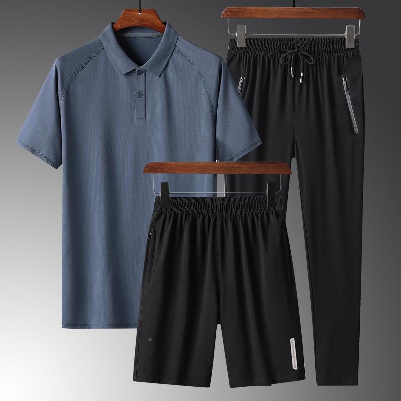 新款爸爸装三件套运动套装男夏季休闲短袖夏天中年夏装中年POLO衫