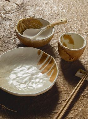 DXC陶瓷 粗扩厚重酒店餐厅日式粗陶瓷摆台4件套 艺术餐厅摆台餐具