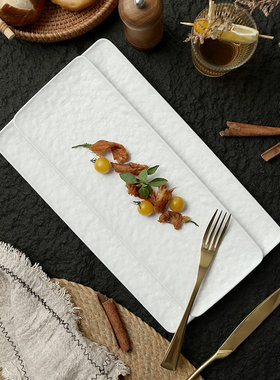 DXC北欧风创意岩石艺术家用长条纯白色浮雕陶瓷盘长方形 浅盘磨砂