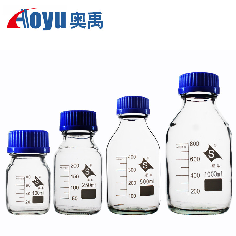 蜀牛透明螺口试剂瓶蓝盖带刻度丝口瓶250ml500ml1000ml多规格螺纹瓶口