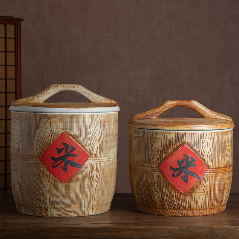 景德镇木纹陶瓷米缸20斤30斤装带盖子面 面粉桶家用密封储物罐防