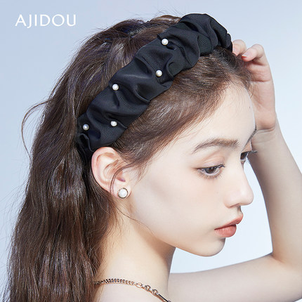 AJIDOU阿吉豆发箍女发卡黑色布艺发饰珍珠头箍宽边高级感发卡头饰
