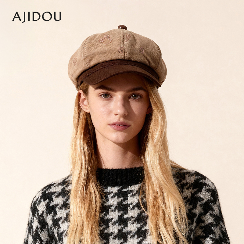 AJIDOU阿吉豆帽子女棕色复古报童