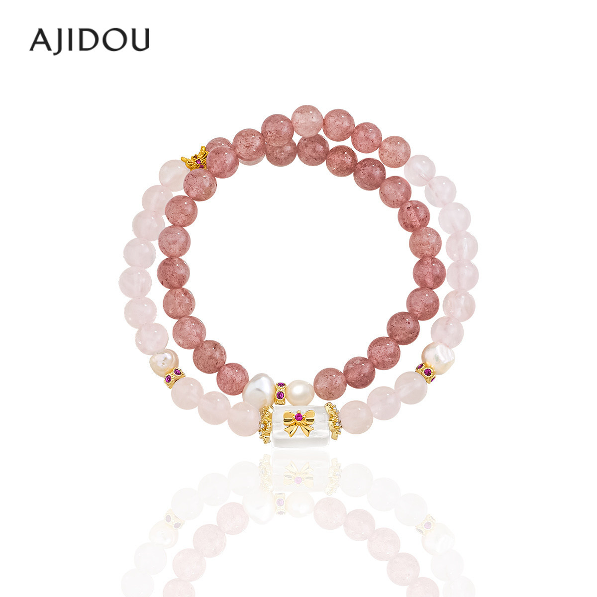 AJIDOU阿吉豆手链女款时尚芙蓉石蝴蝶结串珠轻奢国风叠戴双圈手串