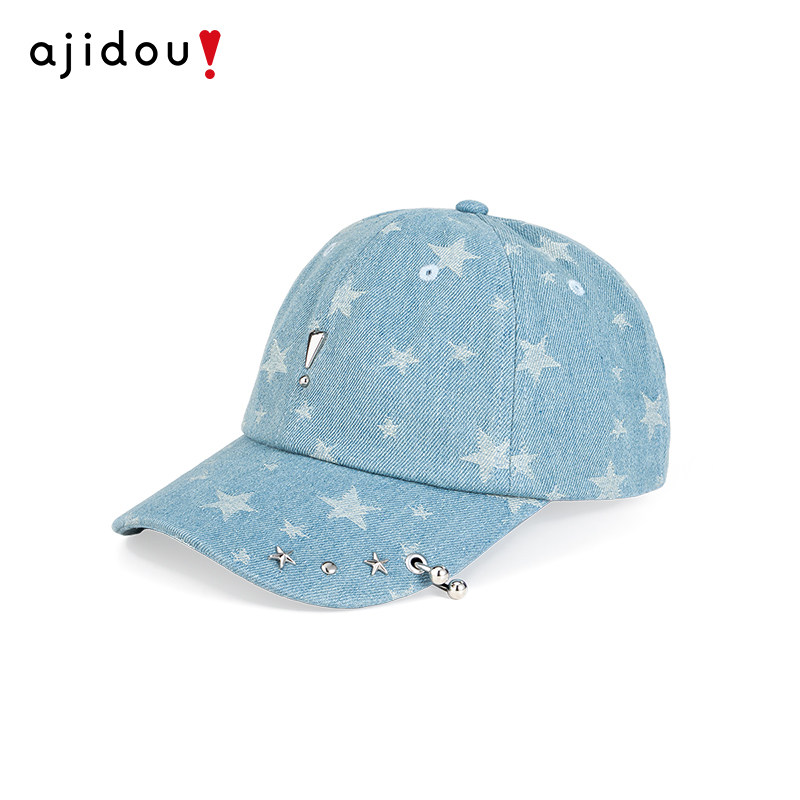 AJIDOU阿吉豆帽子女丹宁牛仔星星日系做旧铆钉棒球帽深帽檐鸭舌帽