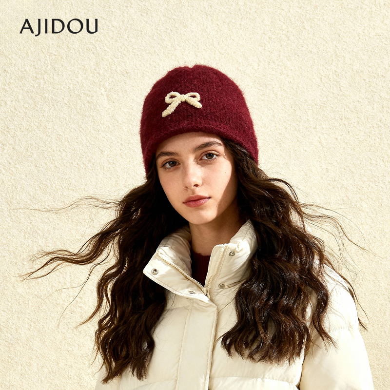 AJIDOU阿吉豆帽子女蝴蝶结毛线帽