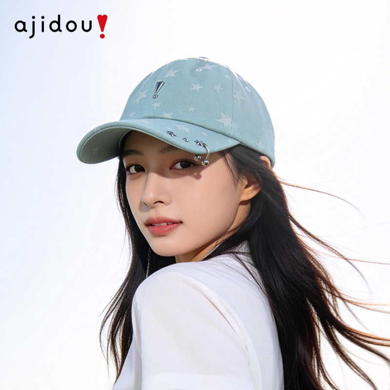 AJIDOU阿吉豆帽子女丹宁牛仔星星日系做旧铆钉棒球帽深帽檐鸭舌帽