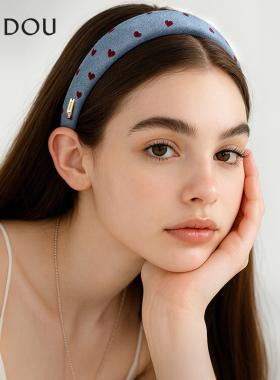 AJIDOU阿吉豆发箍女蓝色爱心波点复古法式防滑头箍织物高颅顶发饰