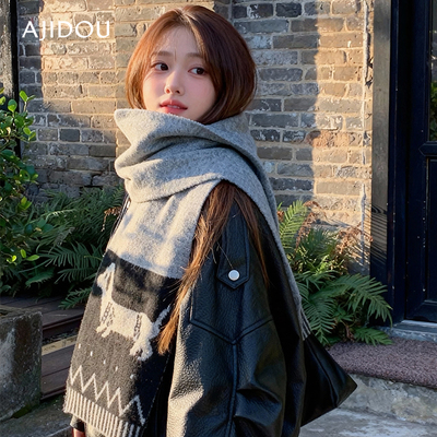 阿吉豆围巾灰色女冬保暖防风加厚