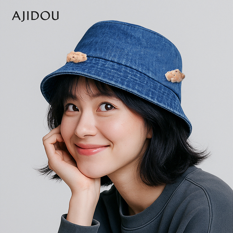 AJIDOU阿吉豆帽子蓝色牛仔时尚透气遮阳渔夫帽户外休闲百搭装饰帽