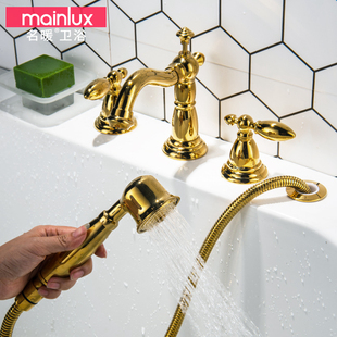 淋浴花洒 5件套装 名暖美式 黑色仿古全铜五孔浴缸冷热水龙头缸边式