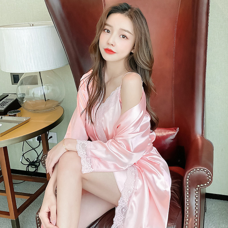 新款睡袍女夏冰丝性感吊带裙两件套睡衣春秋款睡裙韩版可爱薄款