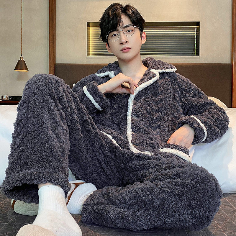 男士睡衣长袖法兰绒套装秋冬季男珊瑚绒加绒加厚冬款家居服加大码