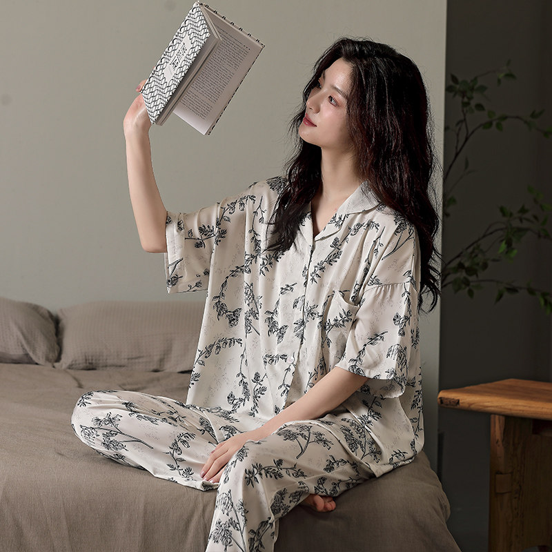 丝绸睡衣女短袖长裤套装简约夏天高级感冰丝薄款夏季可外穿家居服