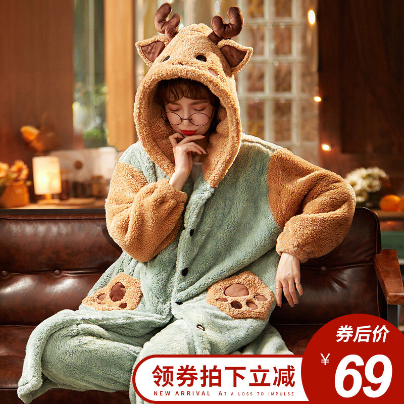 珊瑚绒睡衣女秋冬季可爱加厚浴袍春秋天法兰绒睡袍长款家居服套装