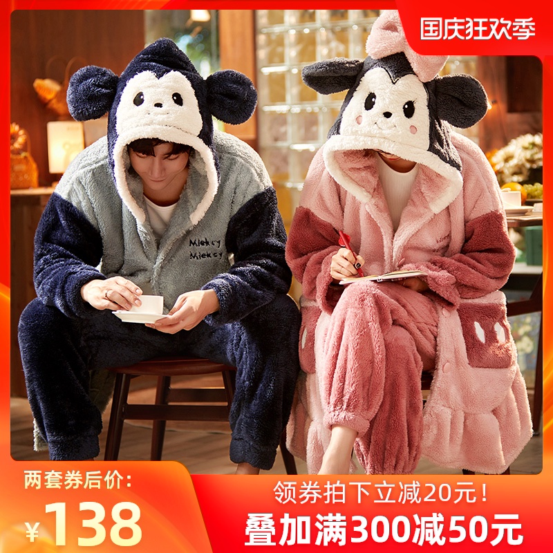珊瑚绒睡衣情侣秋冬款可爱男女士睡袍套装冬季加厚加绒法兰绒浴袍