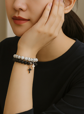 欧洲复古十字架吊坠弹力手链白松8mm手串火山石头情侣手链2件套装