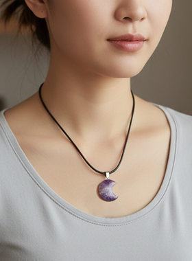 简约紫水晶月亮弯月皮绳锁骨链