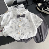 韩版 短裤 卡通印花分体套装 短袖 两件套 婴幼儿绅士领结衬衫 男童夏季