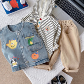 儿童条纹连帽卫衣男宝宝牛仔马甲三件套童装 新款 2026春装 男童套装