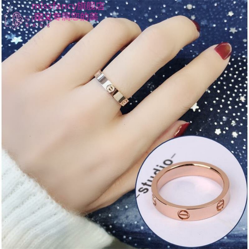 @日韩钛钢女戒指环玫瑰金情侣对戒食指戒男个简约学生百搭时尚刻