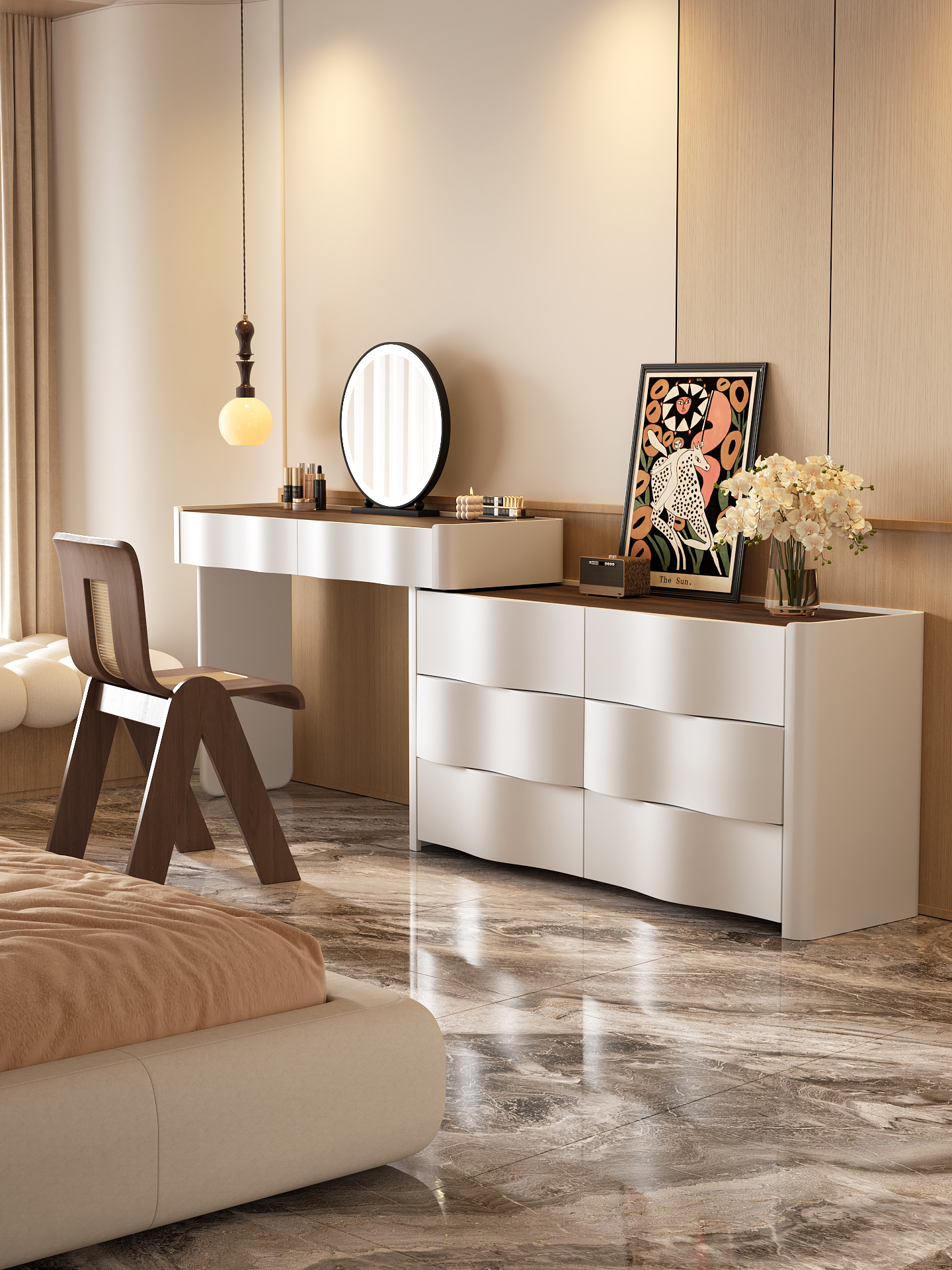 2025新款现代轻奢卧室实木化妆桌大师设计意式梳妆台收纳斗柜一体