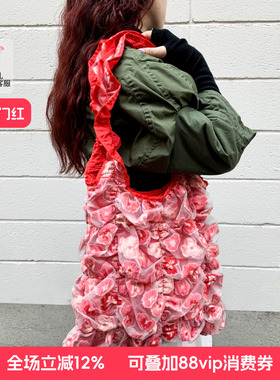 casselini小众设计感繁花天丝刺绣褶皱女大容量文艺单肩包购物袋