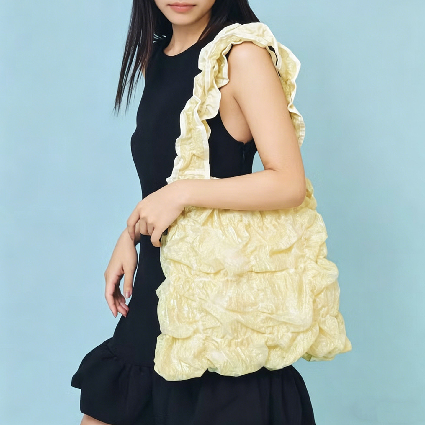 casselini26年新款小众设计碎花木耳边日常亮丝褶皱单肩托特包女