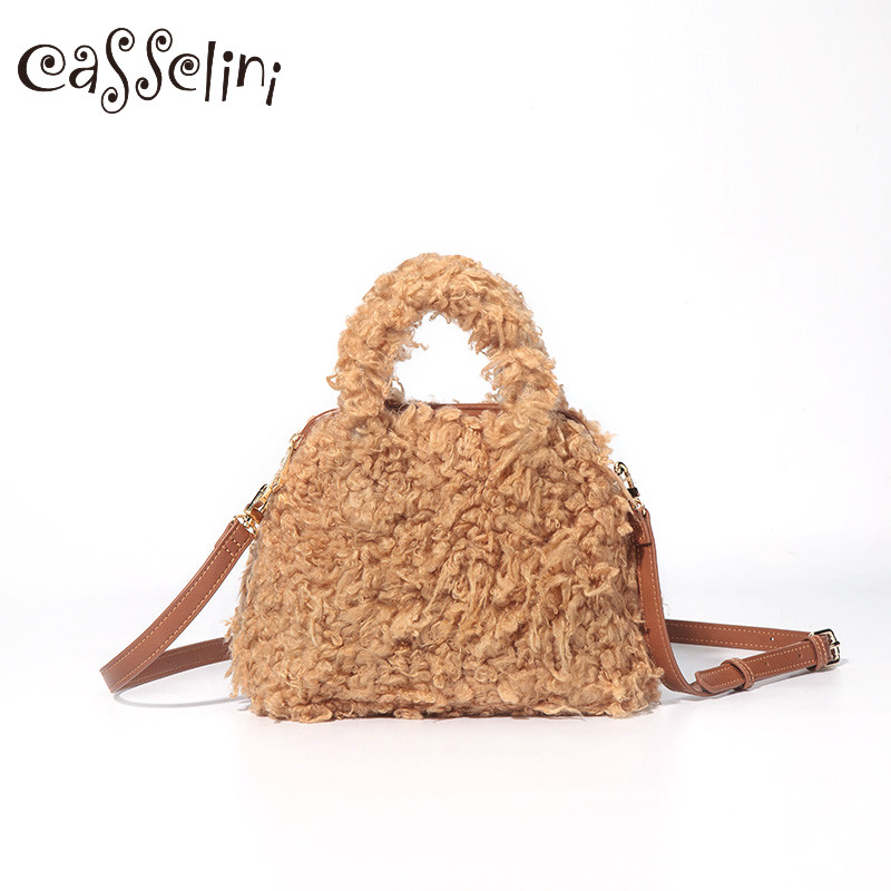 casselini日系原创休闲秋冬新款毛绒贝壳包单肩斜挎可爱少女包包
