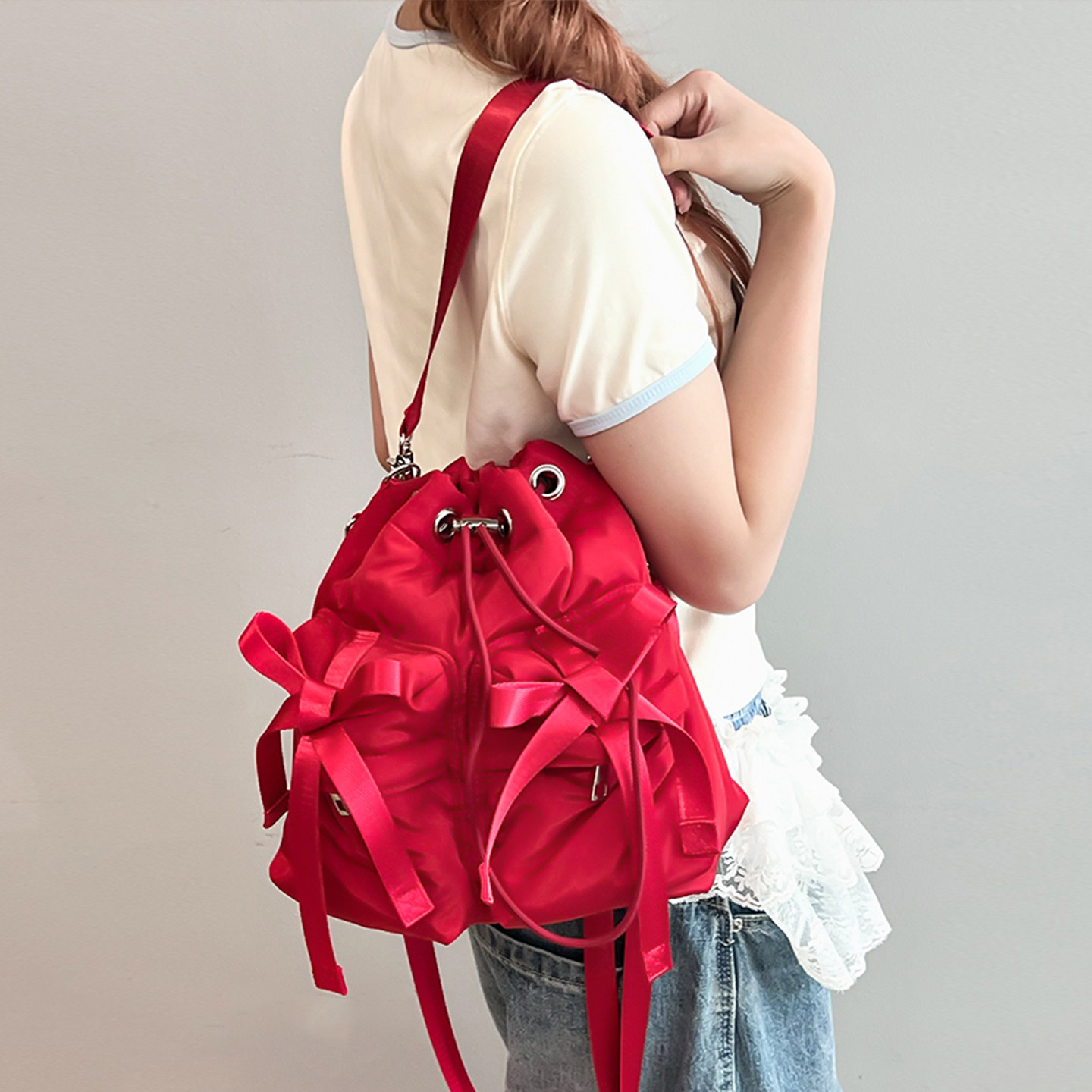 casselini小众设计感红色蝴蝶结中号单肩包手提斜挎包包女