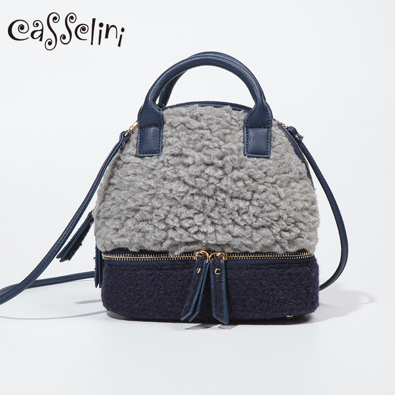 casselini日系可爱毛绒小包包女2022新款单肩斜挎包手拎贝壳包