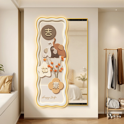 奶油风入户玄关全身镜暗藏式推拉镜平安喜乐穿衣镜镜子洞洞板挂画
