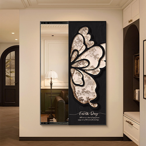 中古风玄关全身镜装饰画蝴蝶花卉卧室可关闭隐藏式推拉穿衣镜挂画