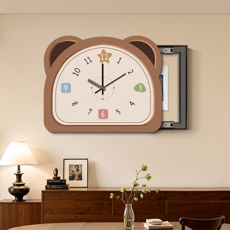 中古风卡通动物电表箱装饰画带时钟新款潮玩配电闸箱遮挡钟表挂画