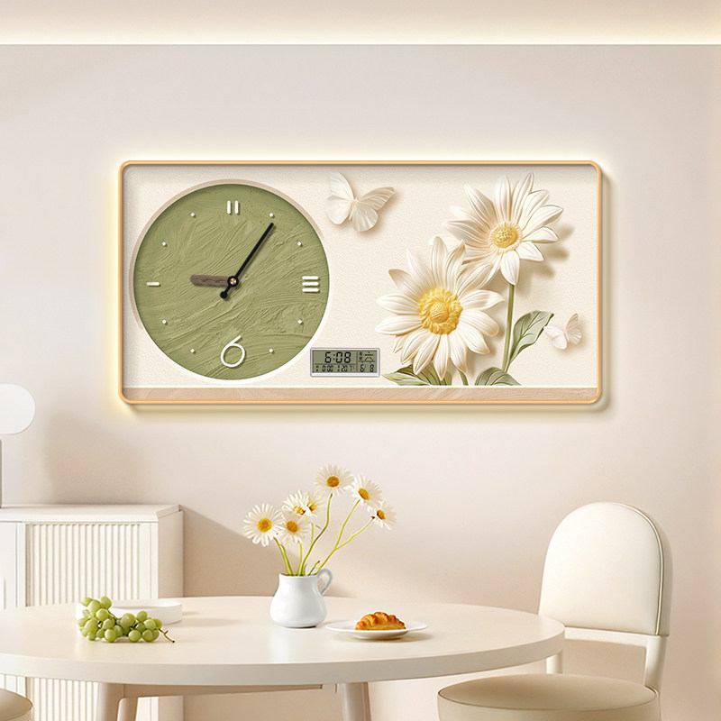 奶油风钟表2025新款向日葵万年历客厅时钟装饰画静音电子表挂墙