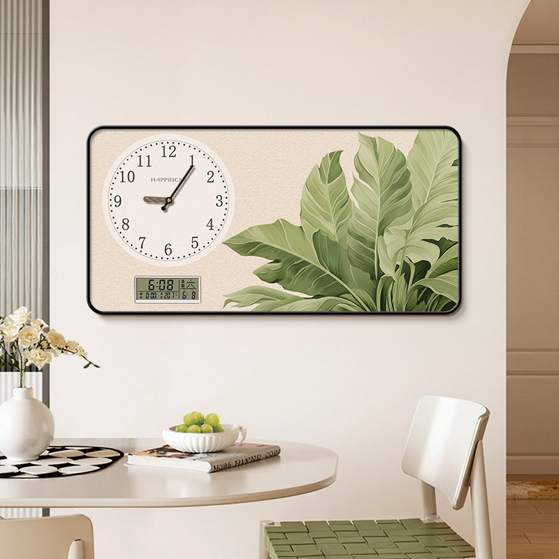 2025新款花卉万年历客厅时钟装饰画静音电子表挂墙奶油风钟表挂钟