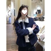 秋冬设计感羊羔毛拼接毛呢外套女2025新款 韩版 高级气质藏青色上衣