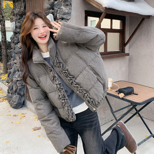 灰色立领木耳边短款羽绒服女2025新款90绒保暖显瘦小个子外套
